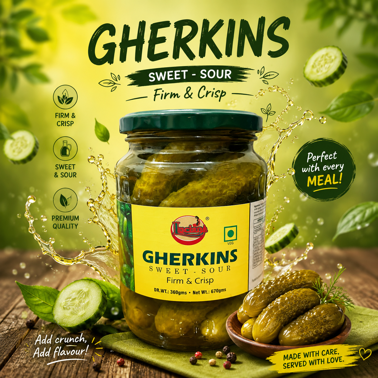 Luciana Gherkins Sweet & Sour 670g | Premium Pickled Cucumbers | Firm & Crisp