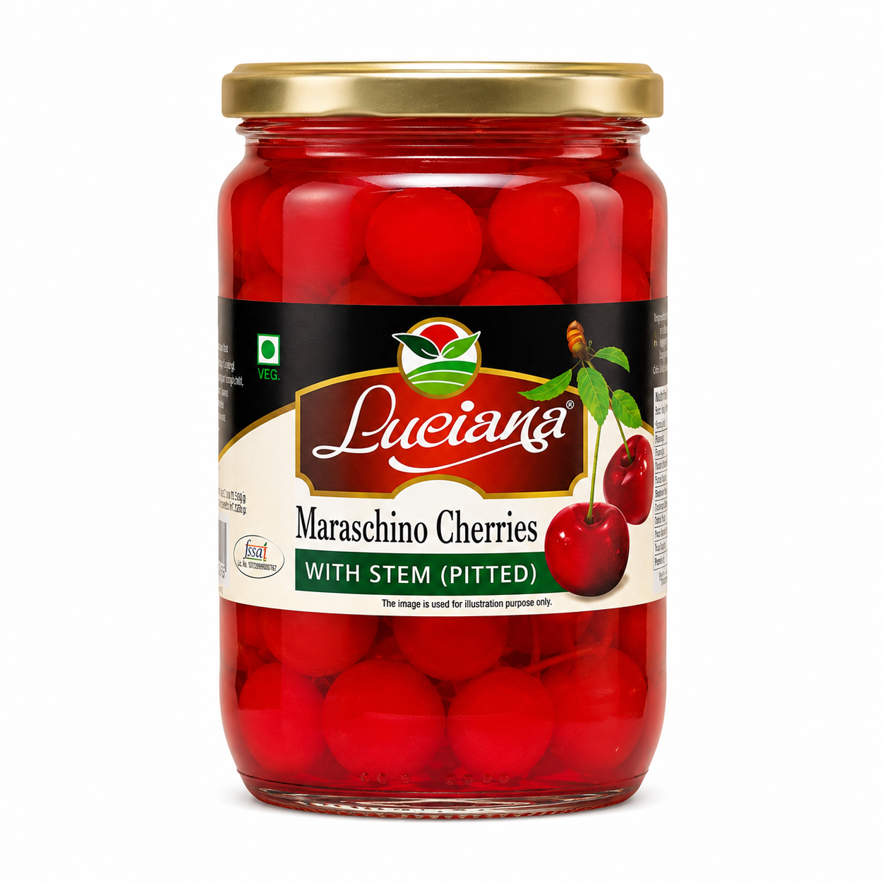 Luciana Maraschino Cherries with Stem (Pitted) | Premium Cocktail & Dessert Cherries | Sweet & Juicy | Ideal for Cakes, Ice Cream, Mocktails & Baking