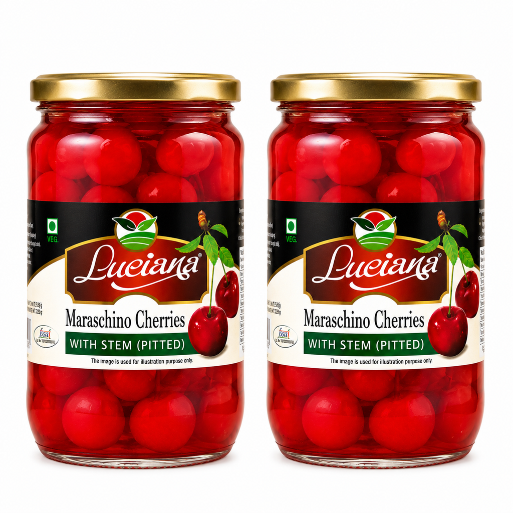 Luciana Maraschino Cherries with Stem (Pitted) | Premium Cocktail & Dessert Cherries | Sweet & Juicy | Ideal for Cakes, Ice Cream, Mocktails & Baking