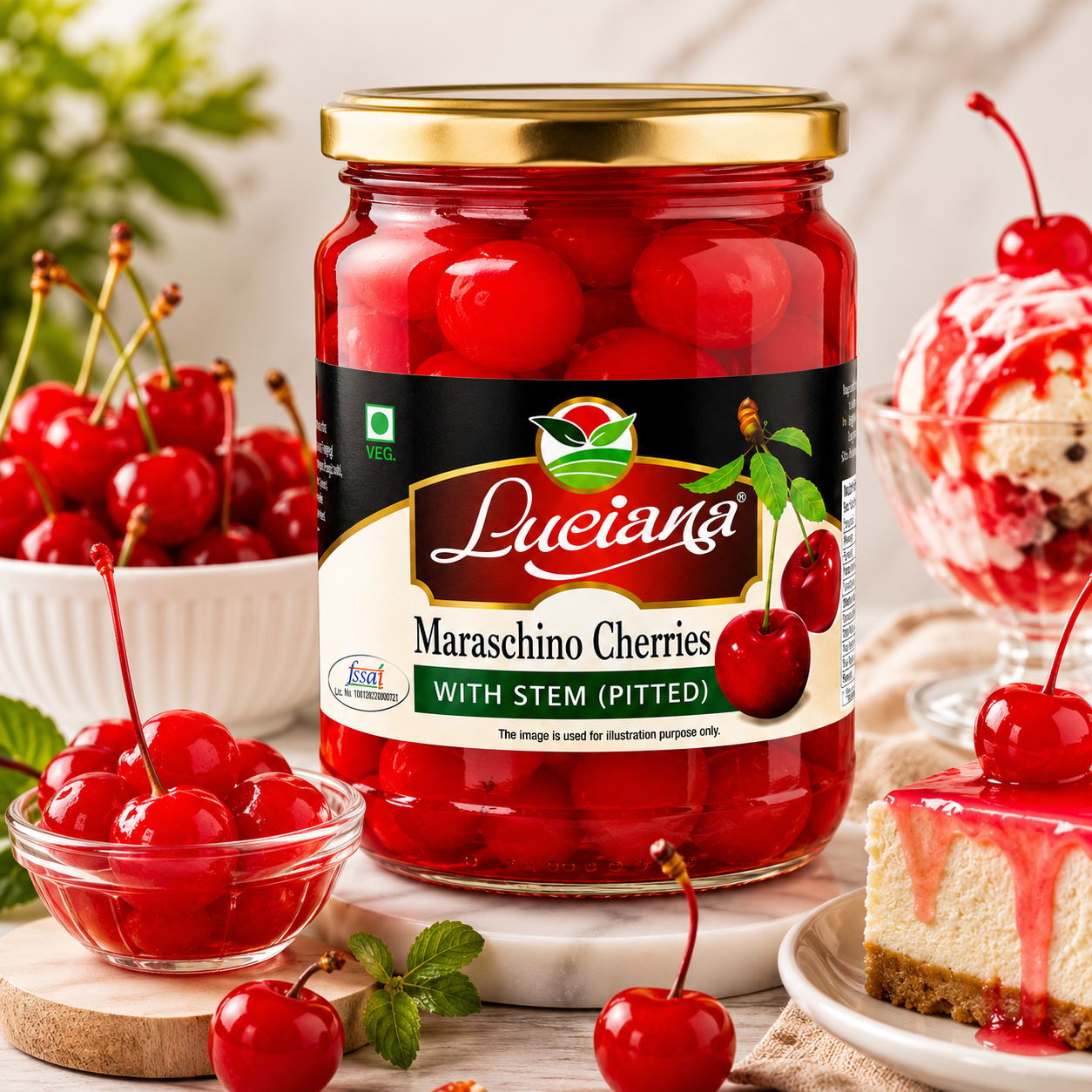 Luciana Maraschino Cherries with Stem (Pitted) | Premium Cocktail & Dessert Cherries | Sweet & Juicy | Ideal for Cakes, Ice Cream, Mocktails & Baking