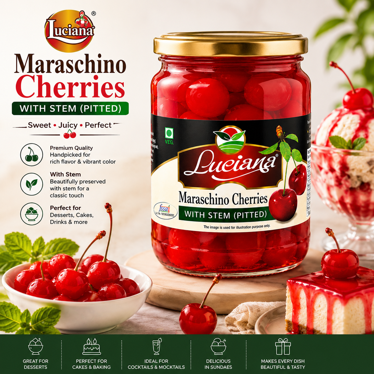 Luciana Maraschino Cherries with Stem (Pitted) | Premium Cocktail & Dessert Cherries | Sweet & Juicy | Ideal for Cakes, Ice Cream, Mocktails & Baking