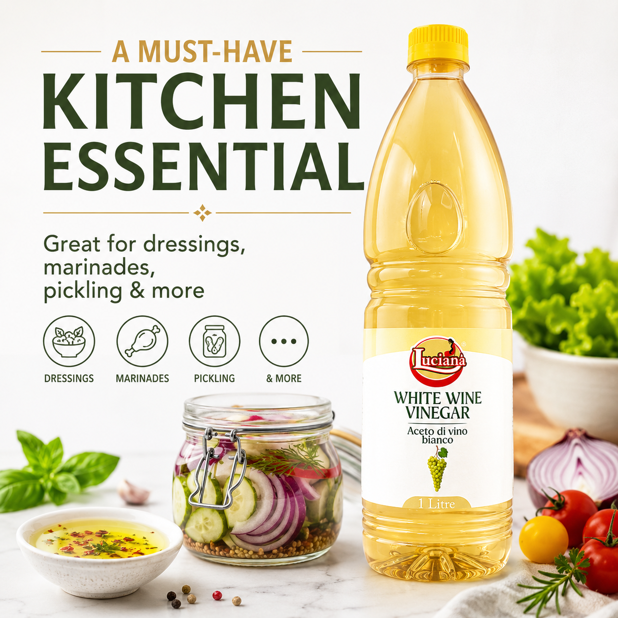 Luciana White Wine Vinegar 1 Litre | Authentic Italian Style White Wine Vinegar