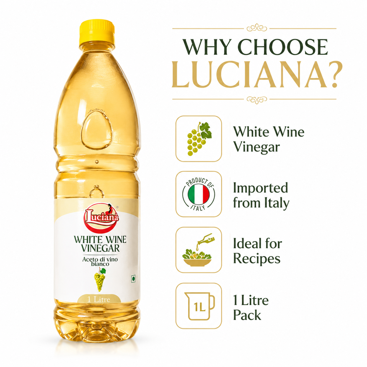 Luciana White Wine Vinegar 1 Litre | Authentic Italian Style White Wine Vinegar