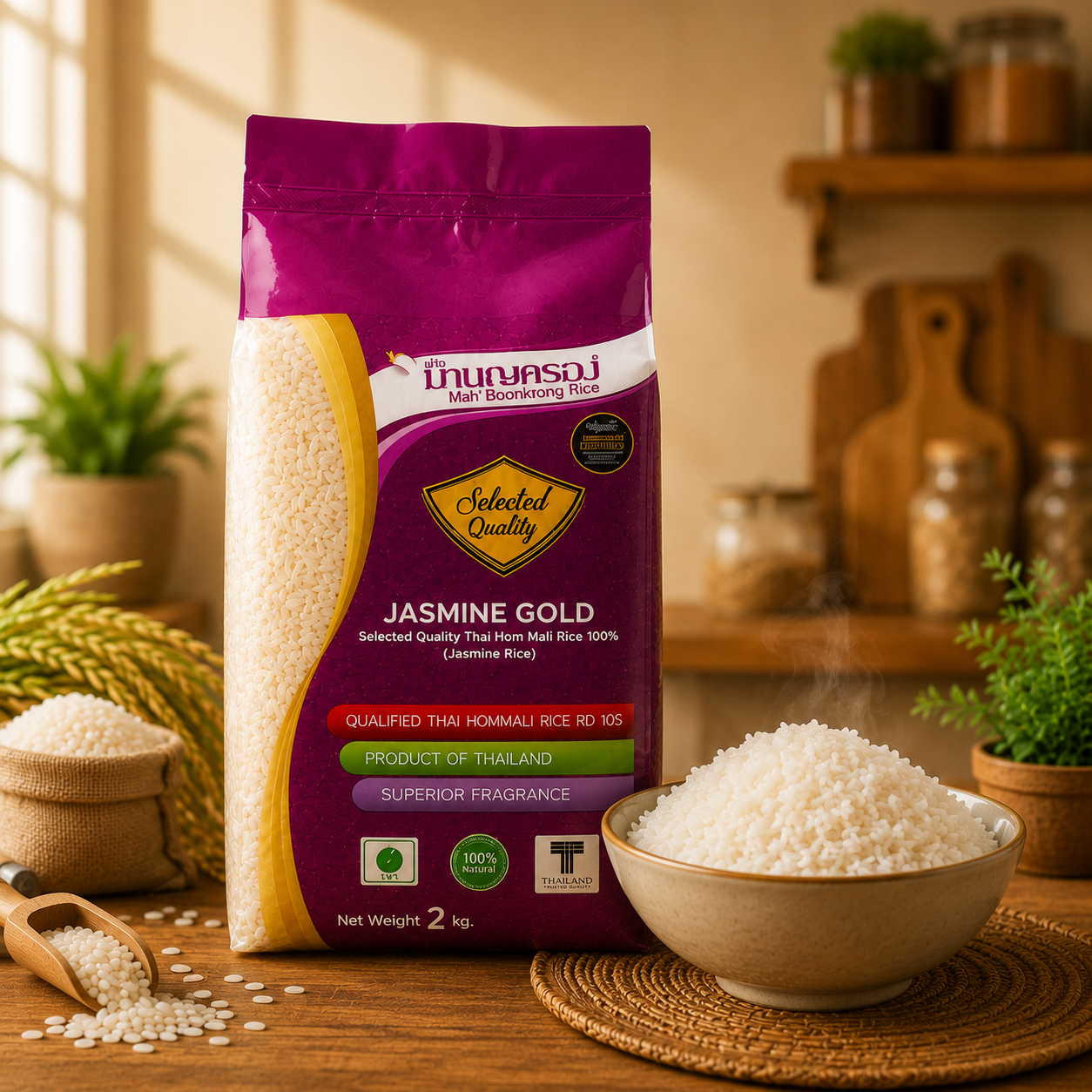 Jasmine Gold Thai Hom Mali Rice 2kg | Premium Thai Fragrant Jasmine Rice | Long Grain Aromatic Rice | Authentic Product of Thailand