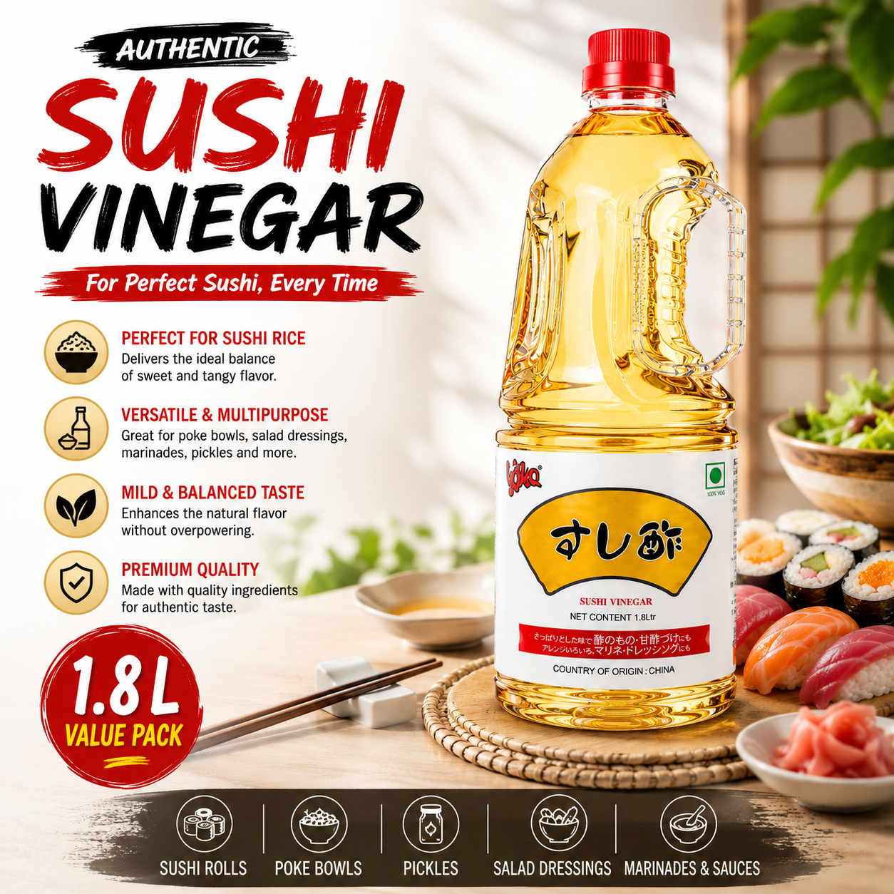 Yoka Sushi Vinegar 1.8L | Authentic Japanese Sushi Rice Vinegar | Perfect for Sushi Rice, Salads, Marinades & Pickling | 1800ml