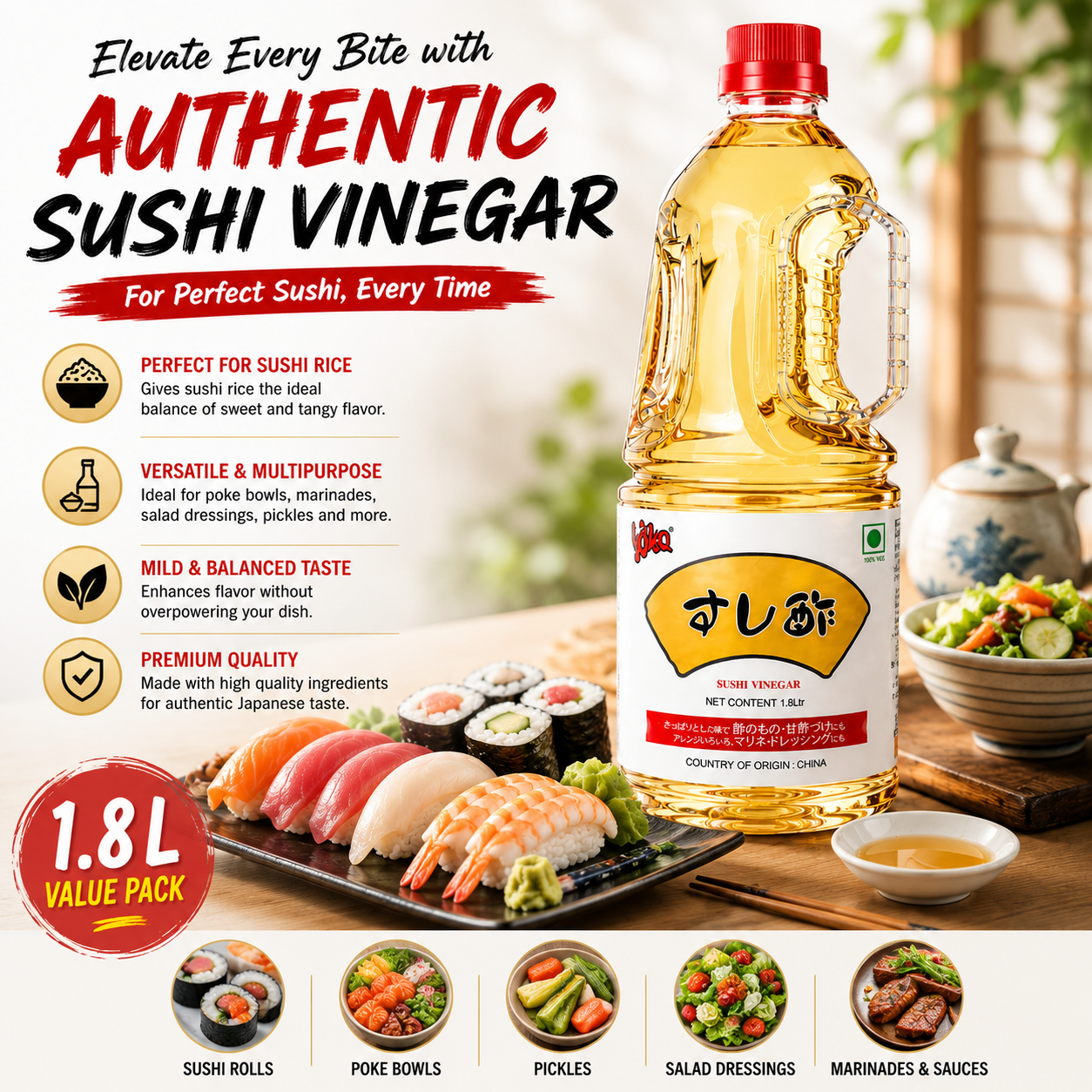 Yoka Sushi Vinegar 1.8L | Authentic Japanese Sushi Rice Vinegar | Perfect for Sushi Rice, Salads, Marinades & Pickling | 1800ml