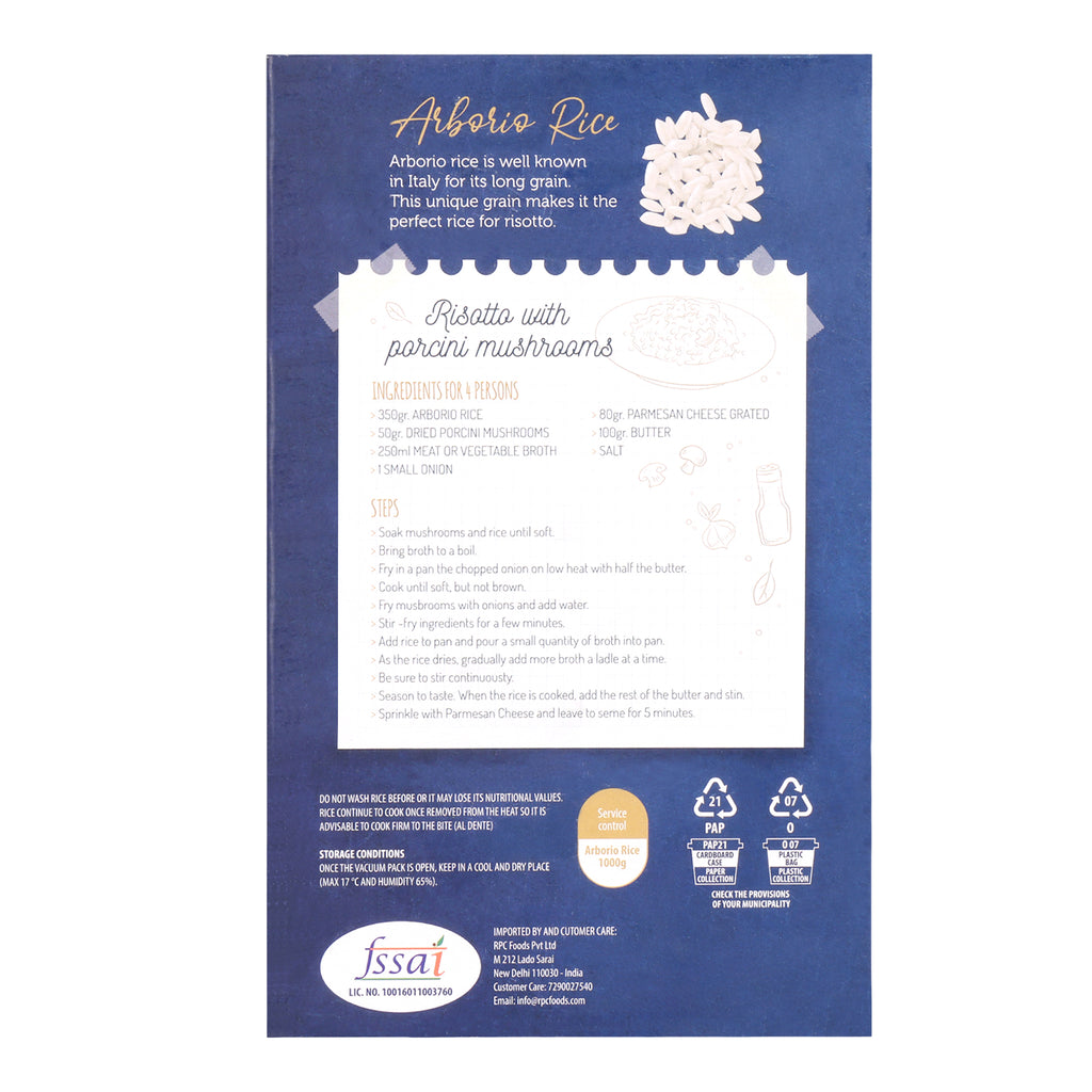 Fiamma Vesuviana Arborio Rice | Premium Italian Rice for Creamy Risotto | Vacuum Packed | 100% Arborio Rice | 1 kg