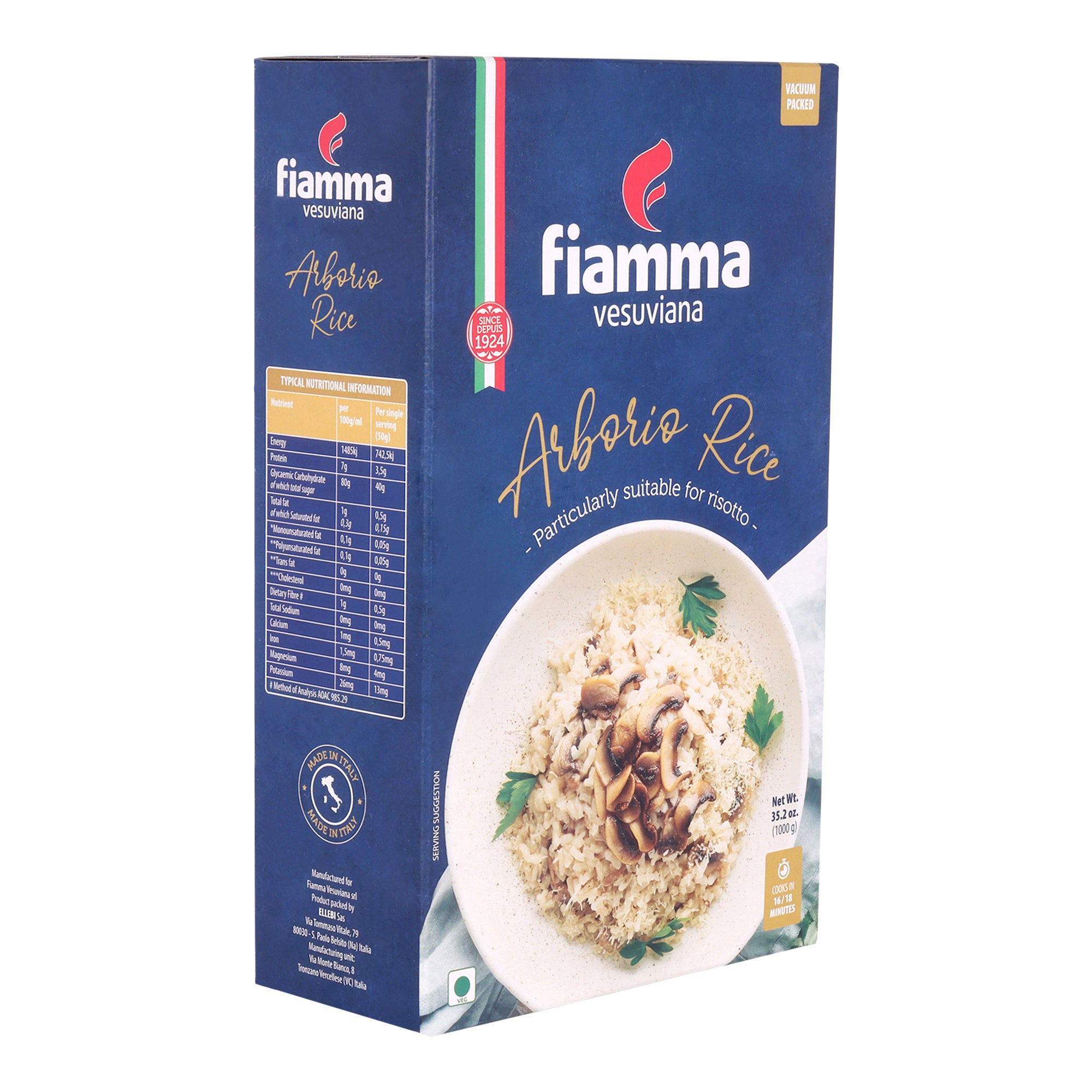 Fiamma Vesuviana Arborio Rice | Premium Italian Rice for Creamy Risotto | Vacuum Packed | 100% Arborio Rice | 1 kg