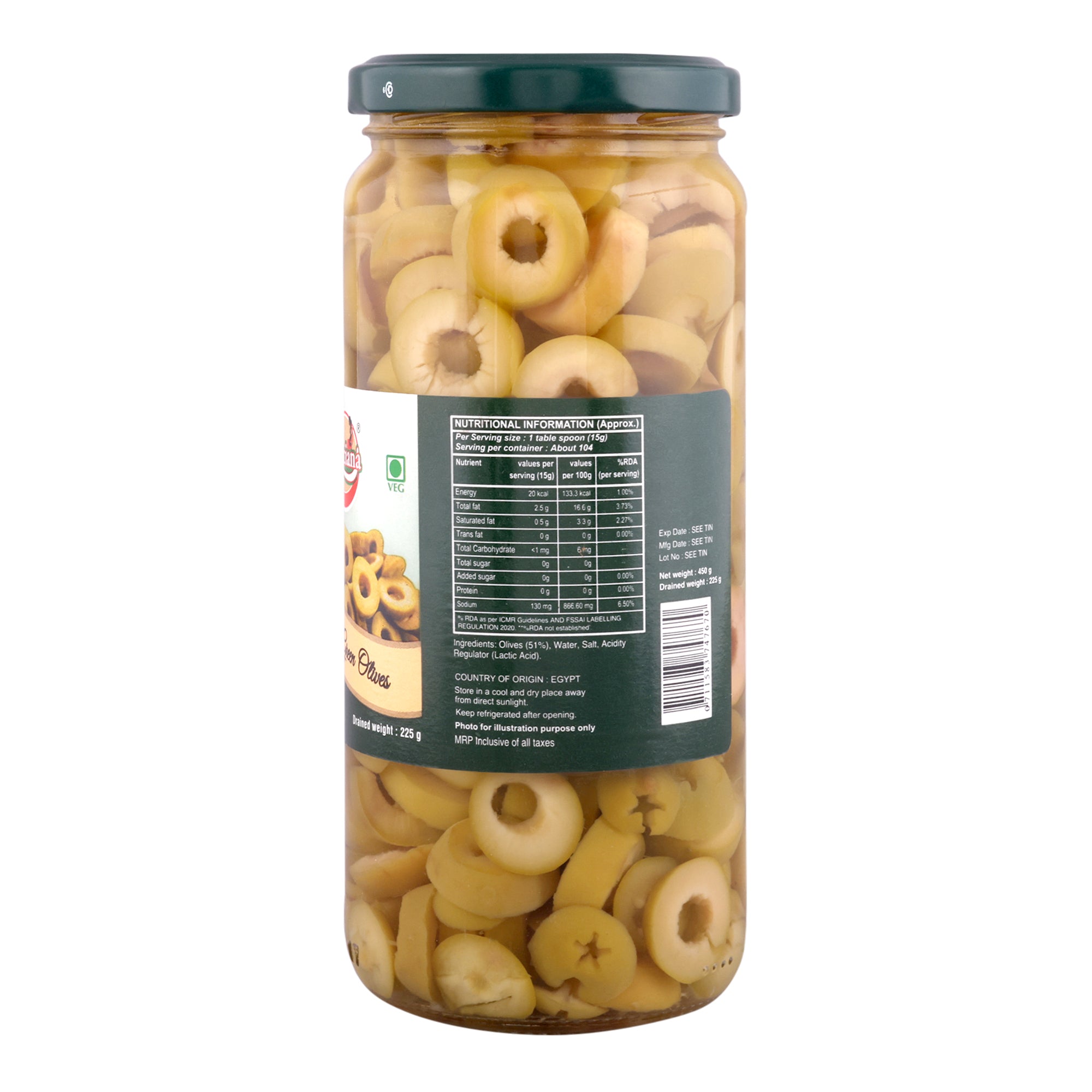 Luciana Sliced Green Olives for Pizza, Pasta & Salads | 454 g