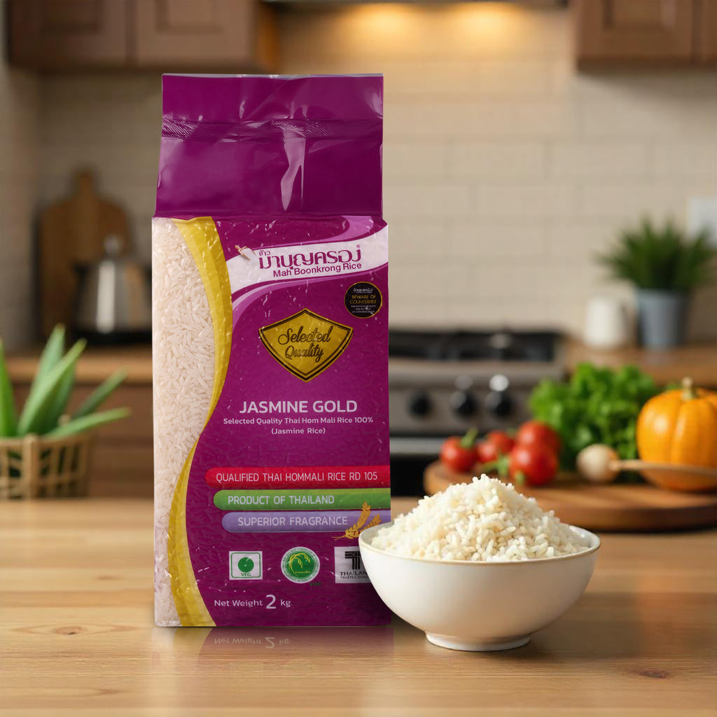 Jasmine Gold Thai Hom Mali Rice 2kg | Premium Thai Fragrant Jasmine Rice | Long Grain Aromatic Rice | Authentic Product of Thailand