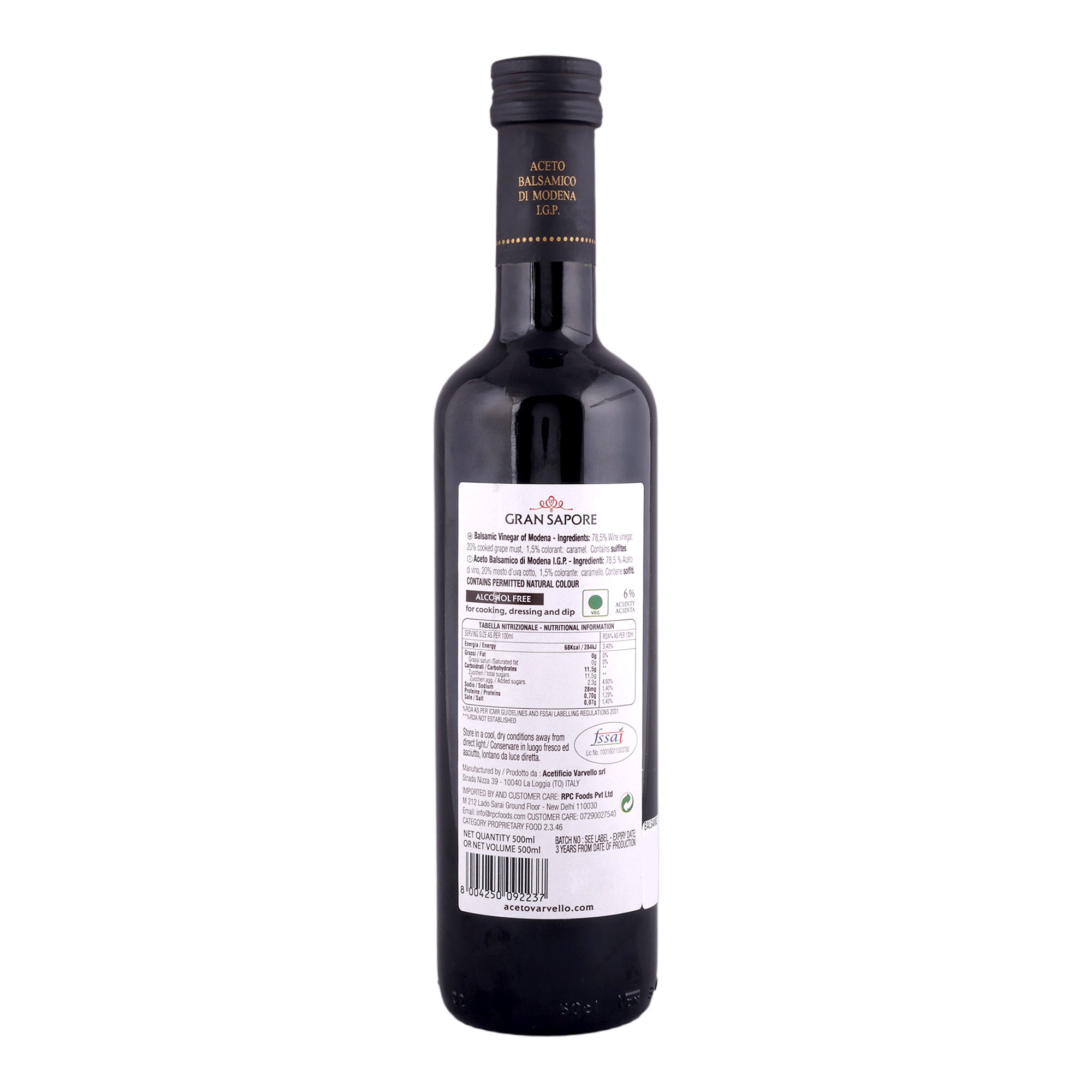 Gran Sapore Balsamic Vinegar of Modena IGP 500ml | Authentic Italian Balsamic Vinegar | Premium Salad Dressing, Marinade & Cooking Vinegar